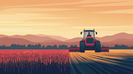 Fototapeta premium Harvesting action with a tractor in a scenic agricultural landscape at dusk a digital illustration of farming concepts