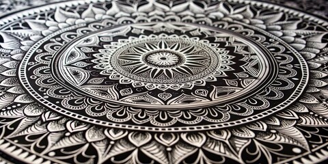 Black and White Mandala Art, Hand-drawn Intricate Design on a Dark Surface, Close-up Perspective, Mandala, Art, Design