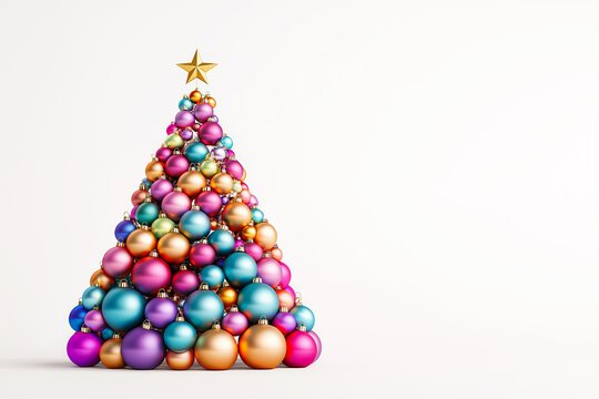 3D Christmas tree made of colorful baubles on white background, space for text