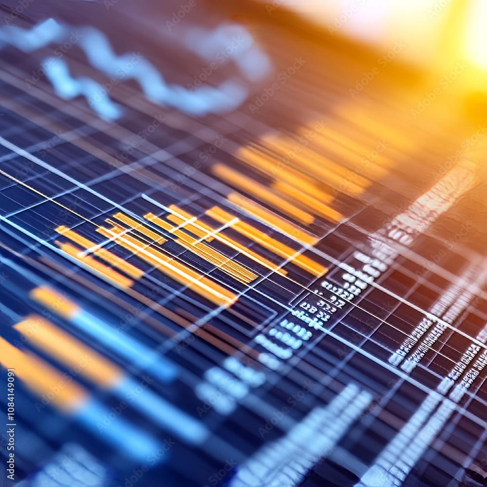Poster close-up of a computer screen displaying a financial chart with rising orange bars and blue lines, s