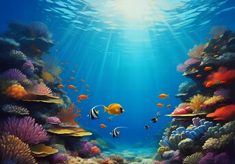 Obraz premium A vibrant coral reef underwater, filled with colorful corals and exotic fish. Sunlight filters through clear water, capturing the lively beauty of marine life in a Fauvist-inspired style. 