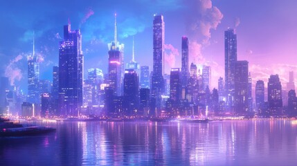 Obraz premium Manhattan iconic skyline at dusk, with towering skyscrapers reflecting on the river under a colorful sunset. The city lights begin to twinkle, embodying the heart of New York nightlife.