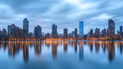 Fototapeta premium Manhattan iconic skyline at dusk, with towering skyscrapers reflecting on the river under a colorful sunset. The city lights begin to twinkle, embodying the heart of New York nightlife.