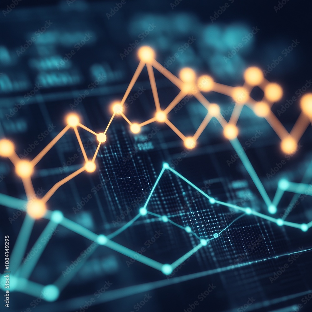 Poster close-up of a glowing graph with a blue and orange line on a dark background.