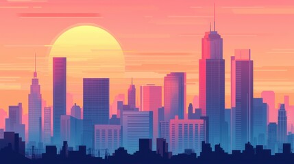 Fototapeta premium Urban sunset skyline illustration futuristic cityscape digital art vibrant environment aerial view modern concept