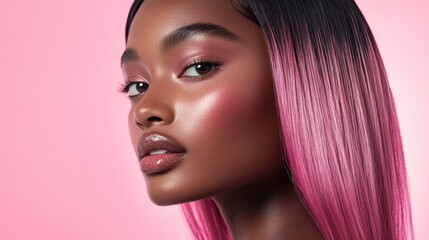 Fototapeta premium Model with very straight, shiny hair featuring pink streaks against a pale pink background. Her makeup is fresh, with focus on natural tones and a light blush