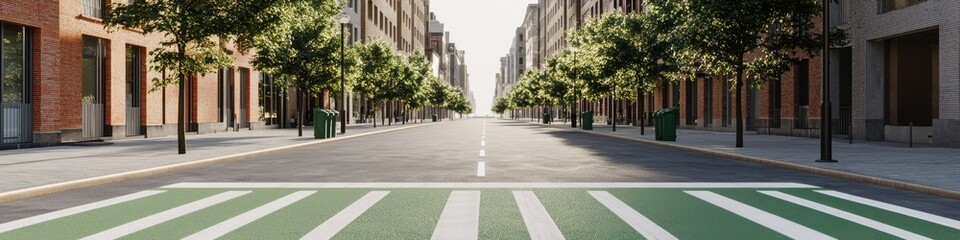 Fototapeta premium Urban street scene city environment photography daylight perspective of open road with green crosswalks