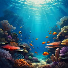 Obraz premium A vibrant coral reef underwater, filled with colorful corals and exotic fish. Sunlight filters through clear water, capturing the lively beauty of marine life in a Fauvist-inspired style. 