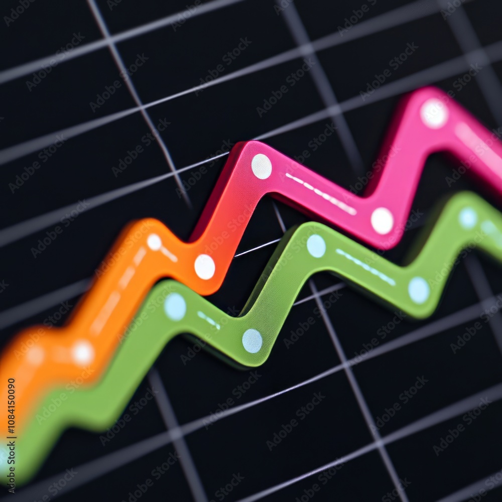 Poster closeup of three colorful lines on a grid, representing upward growth.