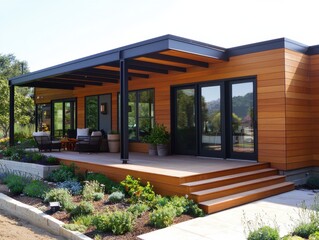 Fototapeta premium Modern architectural home design showcase outdoor living space contemporary style serene environment front view sustainable living concept