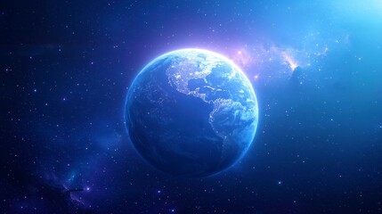 Fototapeta premium Earth from Above, a breathtaking perspective showcasing the vibrant blue planet surrounded by swirling gas, colorful nebulae, and distant stars in the vast cosmos.
