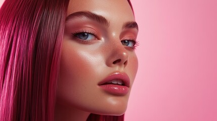 Fototapeta premium Studio image of a model with straight, glossy hair with pink highlights, captured against a light pink backdrop