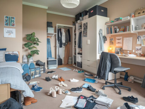 La habitaci&oacute;n de una adolescente desordenada con zapatos, ropa y papeles esparcidos por todas partes
