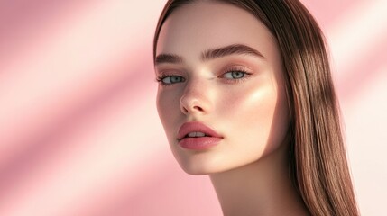 Naklejka premium Studio shot of a model with very straight hair featuring soft pink stripes, her pose elegant and refined