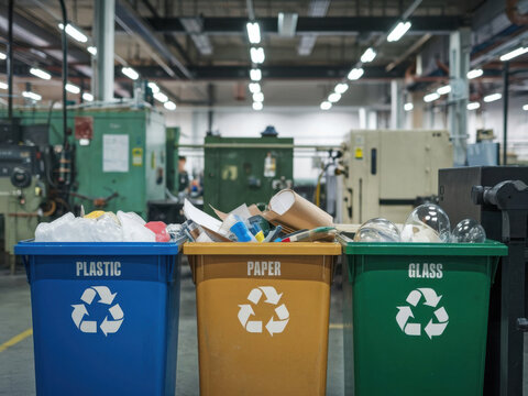 Entorno de f&aacute;brica industrial consciente del ambiente con tres contenedores de reciclaje separados, etiquetados como pl&aacute;stico, papel y vidrio
