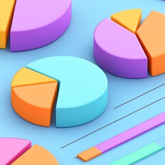 Obraz premium Colorful pie charts and bar graph on a blue background.