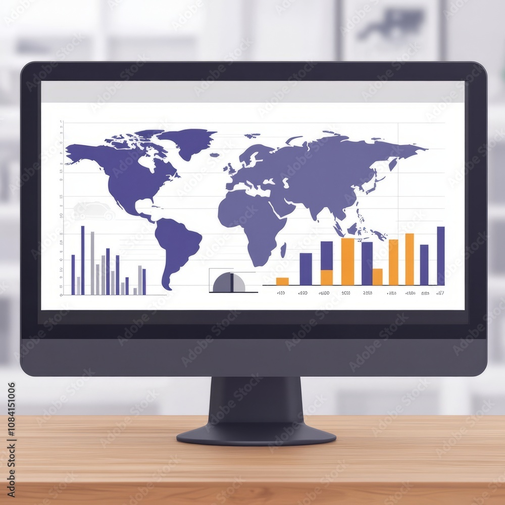 Poster computer monitor displaying a world map with bar graphs and a pie chart.