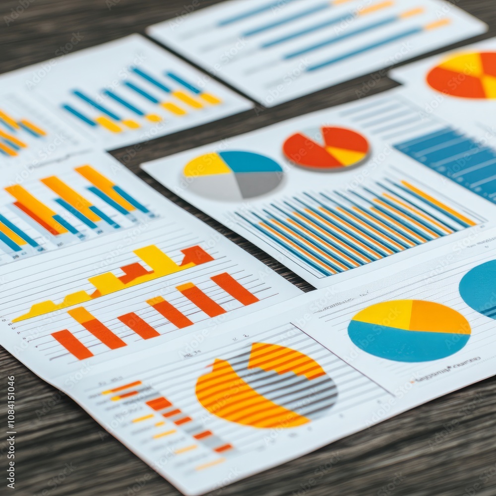 Poster data analysis charts and graphs on a wooden table.