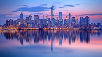 Obraz premium The Manhattan skyline at dusk with towering skyscrapers reflecting on a calm river. The fading light and emerging city lights make for an iconic and peaceful view of New York.