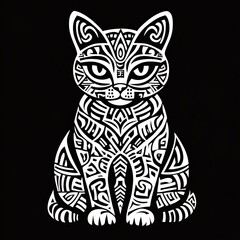 Obraz premium Mysterious Feline Guardian with Ornate Tribal Markings on Deep Black Canvas