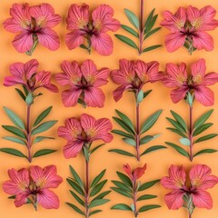 Fototapeta premium Flat lay of pink flowers and green leaves arranged in a symmetrical pattern on an orange background.