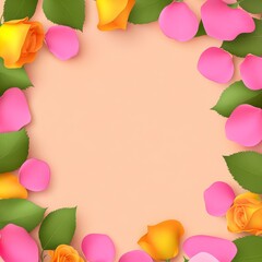 Fototapeta premium Floral frame with pink and yellow roses and petals on peach background.
