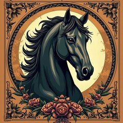 Noble Steed with Roses in Gilded Frame