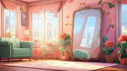 cute room with big mirror cartoon style background UHD Wallpaper
