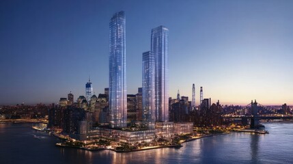 Obraz premium The New York Manhattan skyline at dusk, with modern towers illuminated as the sky fades into night. The river reflections capture the iconic beauty of the cityscape.