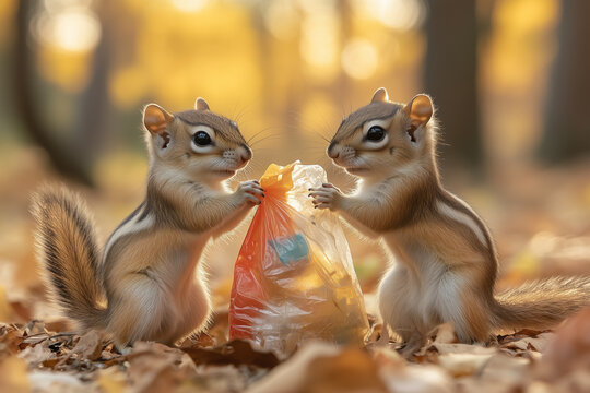 Chipmunks Collecting Plastic Waste in Forest