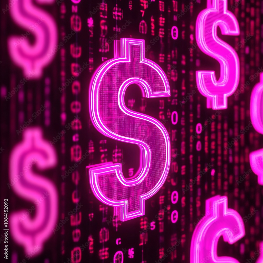 Poster pink dollar signs on a black background with a binary code.