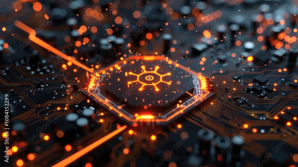 Poster a glowing orange cpu with a circular design at its center sits on a black circuit board with orange 