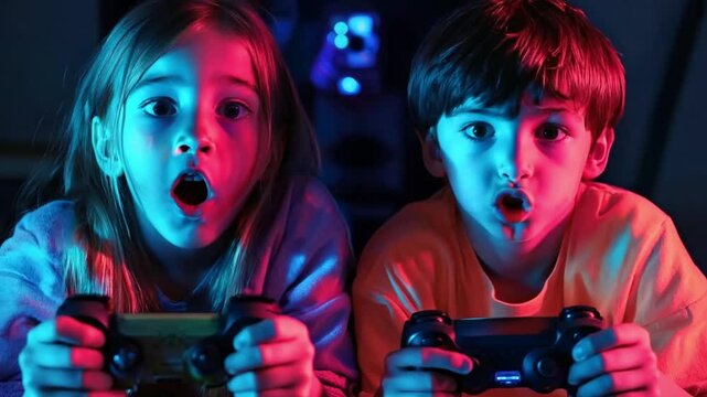 Children enthusiastically and emotionally play a computer game console with joysticks