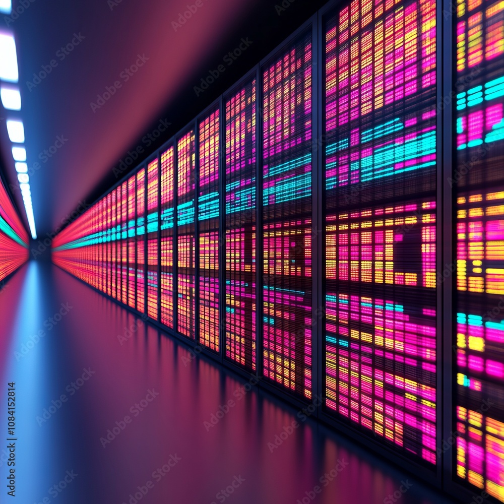 Aufkleber server room with rows of glowing server racks.