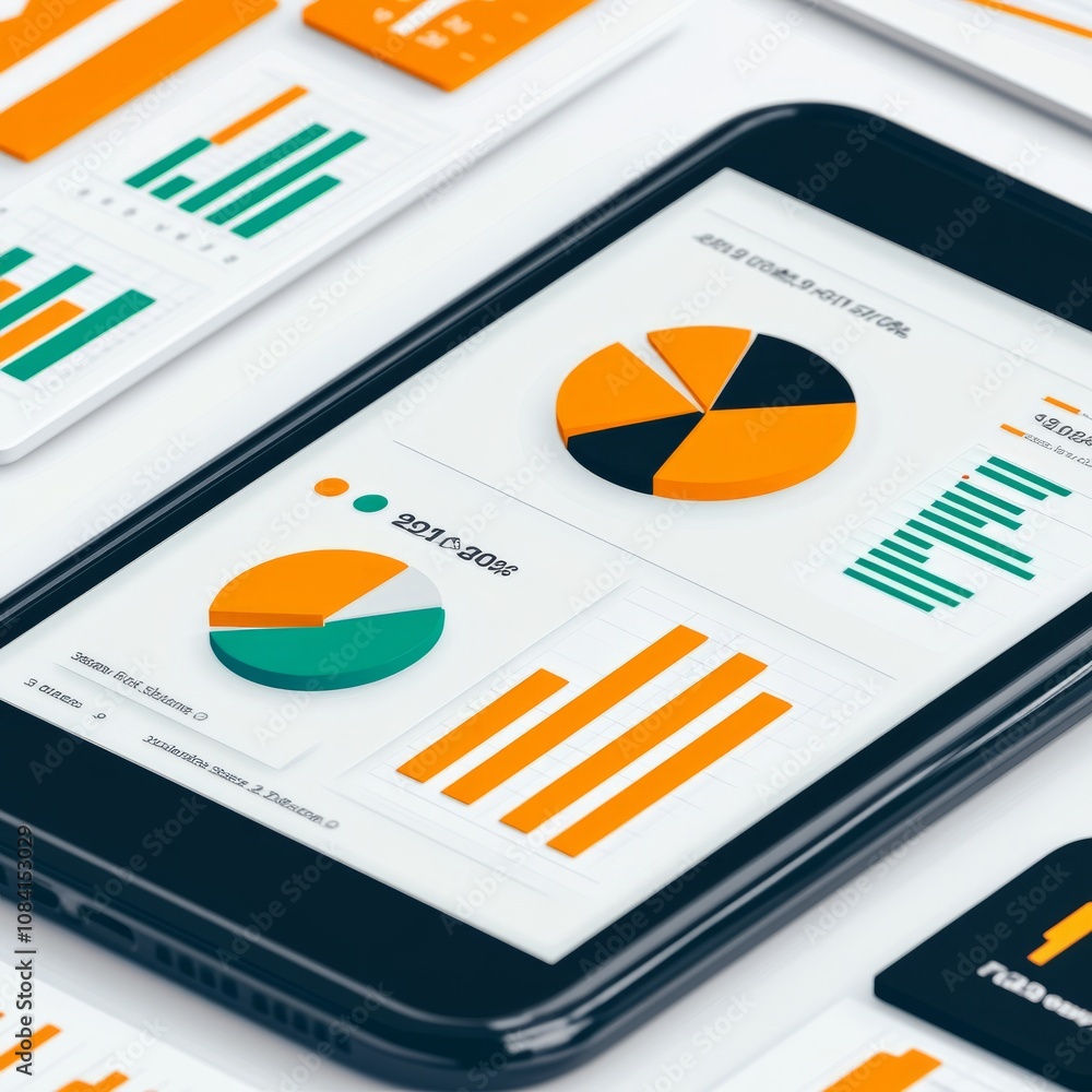 Poster smartphone displaying financial data with charts and graphs.