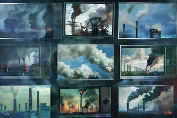 Multimedia images of climate change, global garming, chimneys, smoke, renewable energies on different television screens. Generative AI. Mosaic background.