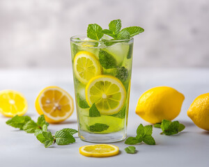 Fototapeta premium Mint Lemonade with Lemon Slices and Fresh Mint on a White Background