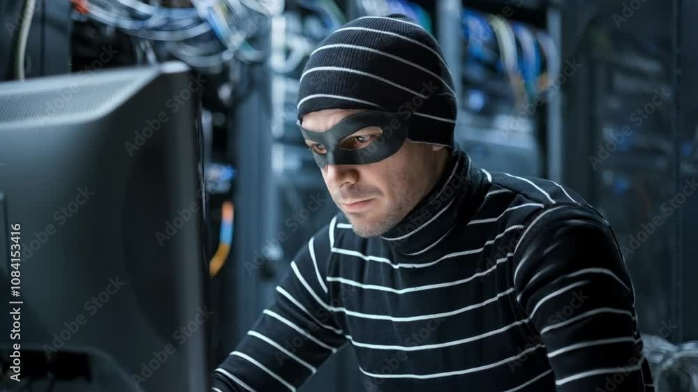 Poster a masked individual working on a computer in a server room, suggesting illicit activity.