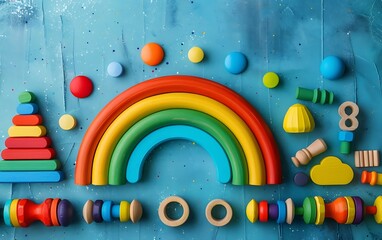 Naklejka premium Colorful children's toys on blue background. 3d rendering.