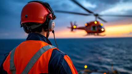 Fototapeta premium Offshore technician watches helicopter landing at sunset over ocean. scene captures dedication and focus of professionals in energy sector