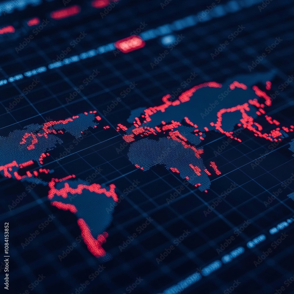 Poster world map with red dots on a digital screen.