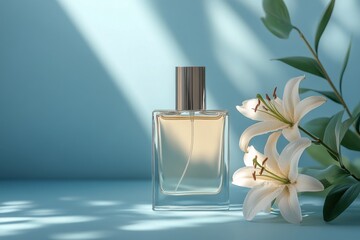 Elegant perfume bottle beside beautiful white lilies on a soft blue background during daylight