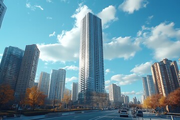 Fototapeta premium Cityscape with Skyscrapers and Cars on a Sunny Day