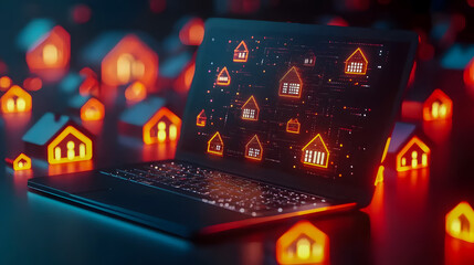 Fototapeta premium Digital Concept of Smart Homes Connected Through Technology with LED House Icons Surrounding a Laptop Signifying Innovation and Modern Living