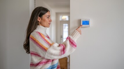 A woman controlling temperature of home thermostat in central heating system.