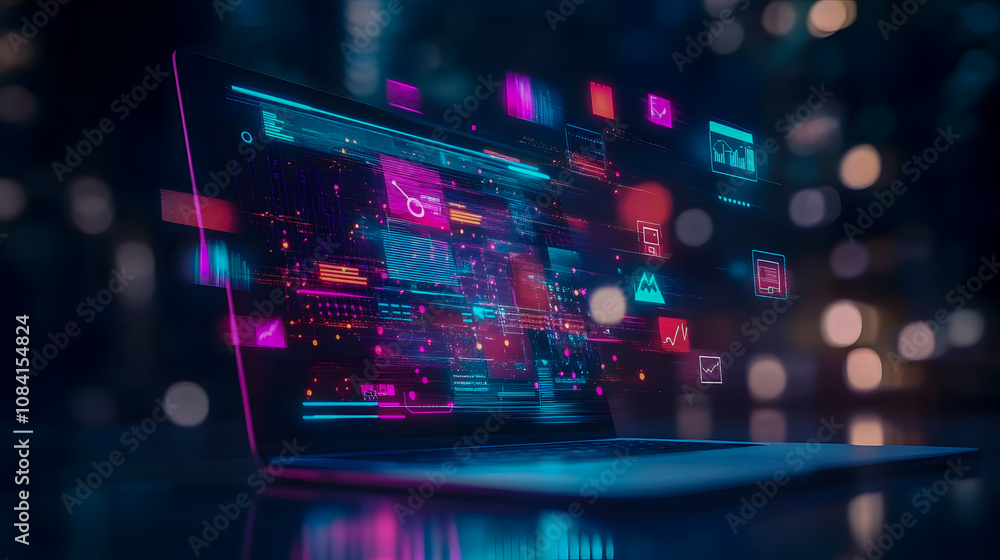 Poster futuristic laptop display showing data visualizations and digital interfaces with vibrant colors and