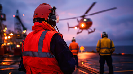 Fototapeta premium Offshore technician observes helicopter landing at dusk, showcasing teamwork and safety in maritime environment