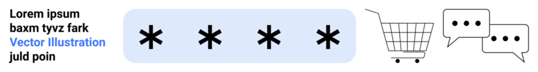 Fototapeta premium Login password with asterisks, shopping cart, and chat icons. Ideal for e-commerce, cybersecurity, customer service, online shopping, web development, user authentication, and tech support themes