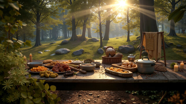 A picnic table with food and candles in the woods