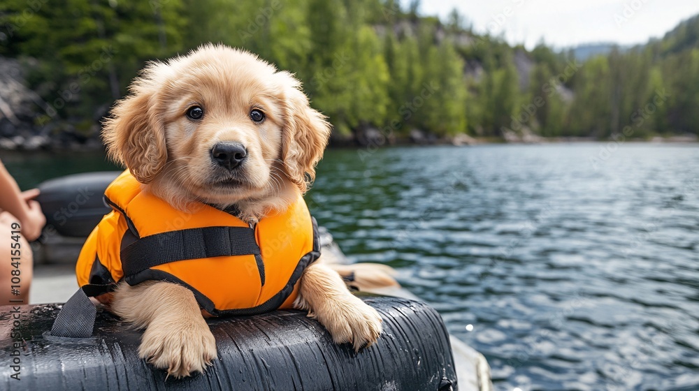 Fototapete Puppy wearing a tiny life jacket on a boat dock ready for a water adventure with owner preparing for a day on the lake with side empty space for text Stockphoto style